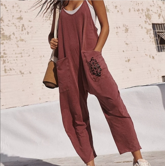 New Free People FP Movement Hot Shot Logo Onesie Mocha Combo Overalls Jumpsuit L - Picture 4 of 16